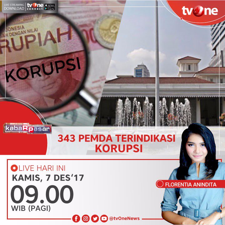 343 Pemda terindikasi korupsi.
Nantikan di Kabar Pasar bersama Florentia Anindita pkl 09.00 WIB hanya di tvOne &amp; streaming di tvOne Connect bit.ly/2v1SKfc #KABARPASARTVONE