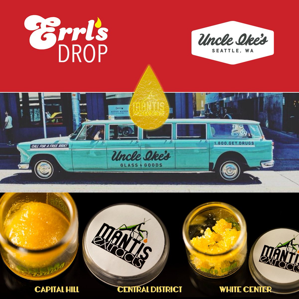 _errls's tweet image. #errlsdrop today at Uncle Ike's CD, Capital Hill, and White Center 🙌 Come on in and try selections from our latest collaboration with Skörd Marijuana, and don't miss out on the new #terpsauce, #highcannabinoid, and #highterpene product lines from Mantis Extracts 🔥🔥🔥🔥🔥🔥