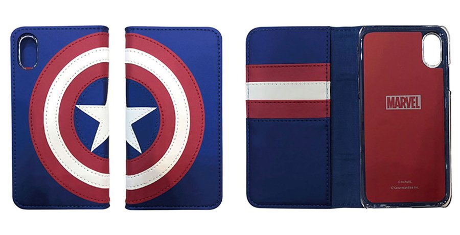 Marvel Marvelのロゴ キャプテン アメリカのシンボルデザインのiphonex対応フリップカバーが登場 表面は立体感のあるステッチレザー 付けたままlightningコネクタの接続可能 ストラップが取付けられるストラップホール付き T Co Zpwbypthp5