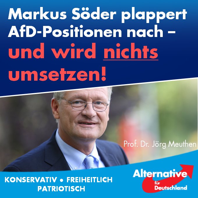 Wir werden Herrn #Soeder schonungslos mit seinem eigenen Versagen konfrontieren. Nächstes Jahr zur #LtwBy werden die Bayern zeigen, wie sehr sie der heißen Luft überdrüssig sind. Es gibt zum Glück eine glaubhafte Alternative auf dem Wahlzettel: #AfD!
➡️ facebook.com/Prof.Dr.Joerg.…