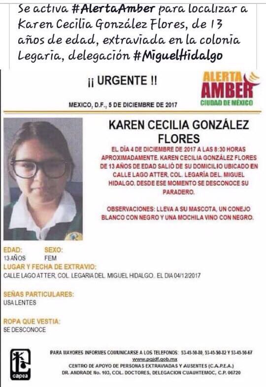 URGENTE!!! Porfavor difundan esta imagen y ayudenos a encontrar a Karen Cecilia Gonzales Flores, es la hija de la enfermera de una amiga muy querida y está desaparecida!!! <a href="/GobCDMX/">Gobierno de la Ciudad de México</a> <a href="/ImagenTVMex/">Imagen Televisión</a> @NTelevisa_com <a href="/Foro_TV/">Foro</a> <a href="/AztecaNoticias/">Fuerza Informativa Azteca</a> <a href="/Reforma/">REFORMA</a> <a href="/El_Universal_Mx/">El Universal</a>