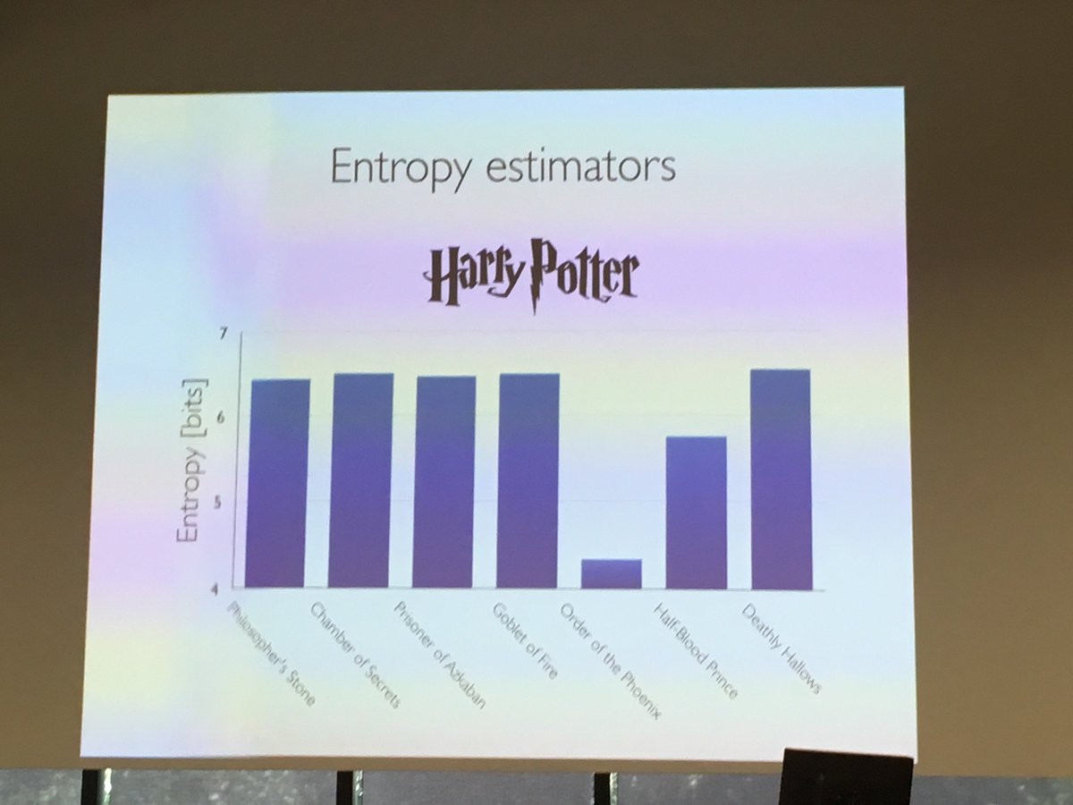 AusDocCompSymp's tweet photo. #adcs2017 @lewis_math wants to know why Order of the Phoenix has lowest entropy of all Harry Potter books https://t.co/qaQyX2OUaZ
