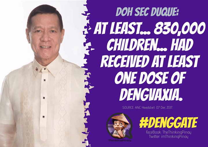 ThinkingPinoyPH's tweet photo. #DengGate: FROM 700K TO 800K!

Earlier today, Department of Health (Philippines) Secretary Francisco Duque said "At least... 830,000 children... had received at least one dose of Dengvaxia.".

This is higher than the previous figure of 700,000. https://t.co/OokvJ88aqJ https://t.co/uE0o7NCDFx