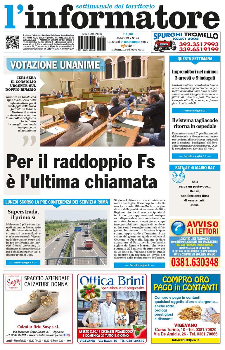 Informatore_it's tweet photo. Ecco la #PrimaPagina dell'Informatore in #edicola oggi, giovedì 7 dicembre 2017. Aggiornamenti e #versionedigitale su https://t.co/14wbxwJe0c - abbonamento "all digital" o "family": https://t.co/VVzoewPm52 https://t.co/uamyAtpw8m
