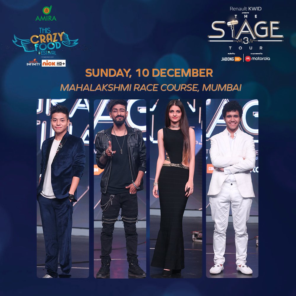 Colors Infinity (@colors_infinity) on Twitter photo Catch the Top 4 artists LIVE on #TheStageTour, kicking off this Sunday at #ThisCrazyFoodFestival in #Mumbai!
@ArishB97 <a href="/ClassicKidSid/">Siddhant Sharma</a> <a href="/ZoeSiddharth/">Zoe Siddharth</a> @OorgunYolo
<a href="/RenaultIndia/">Renault India</a> | <a href="/JabongIndia/">Jabong.com</a> | @MotorolaIndia Catch the Top 4 artists LIVE on #TheStageTour, kicking off this Sunday at #ThisCrazyFoodFestival in #Mumbai!
@ArishB97 <a href="/ClassicKidSid/">Siddhant Sharma</a> <a href="/ZoeSiddharth/">Zoe Siddharth</a> @OorgunYolo
<a href="/RenaultIndia/">Renault India</a> | <a href="/JabongIndia/">Jabong.com</a> | @MotorolaIndia