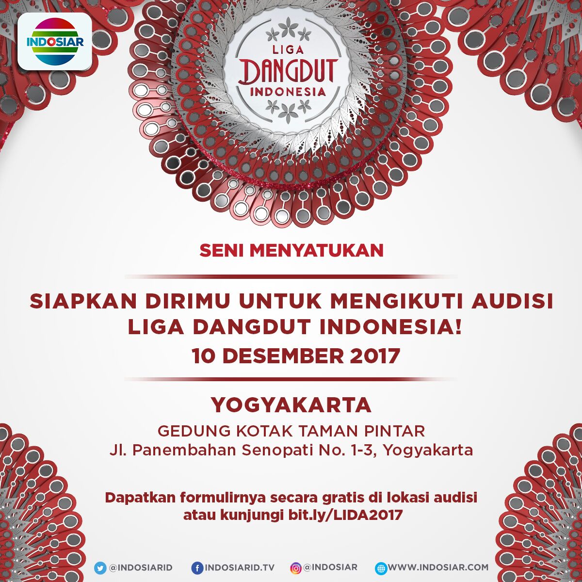 Indosiar's tweet photo. Halo Yogyakarta!
Ayo ikutan audisi #LigaDangdutIndonesia tanggal 10 Desember. Di Gedung Kotak Taman Pintar, Yogyakarta.

Klik:
https://t.co/kQUf7GJCu1 https://t.co/LQDA8gpT5k