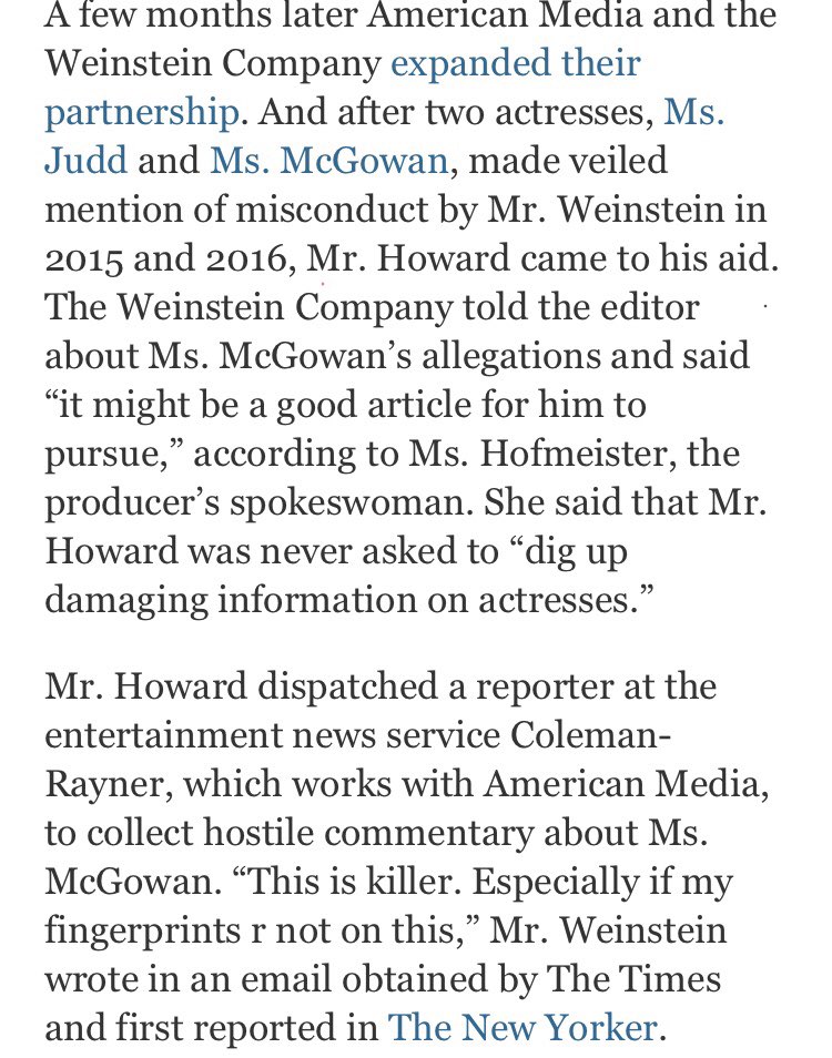 In the article, Dylan Howard – Chief Content Officer for America Media Inc., Editor-In-Chief for the National Inquirer & former Editor-In-Chief of Radar Online – was named as one of the press members recruited by Weinstein.