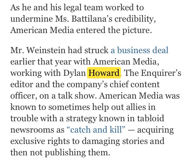 In the article, Dylan Howard – Chief Content Officer for America Media Inc., Editor-In-Chief for the National Inquirer & former Editor-In-Chief of Radar Online – was named as one of the press members recruited by Weinstein.