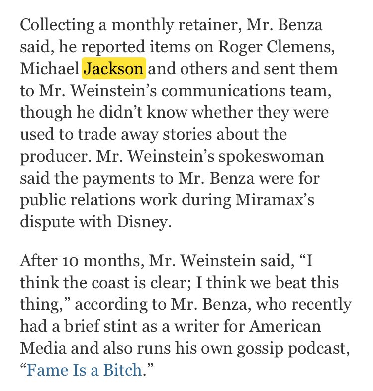 That brings us to the next Michael Jackson issue in the exposé. A gossip columnist, AJ Benza, stated that he’d publish sensational stories about other celebs as a favor to Weinstein in a bid to keep media focused attention elsewhere; MJ was explicitly named in the article.