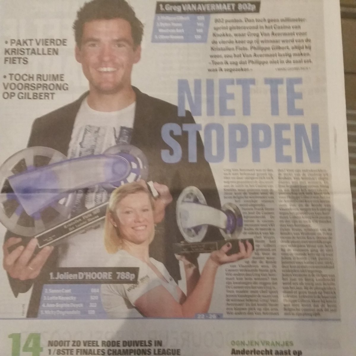 Proficiat <a href="/GregVanAvermaet/">Greg Van Avermaet</a> en <a href="/JolienDhoore/">Jolien D'hoore</a> <a href="/KristallenFiets/">De Kristallen Fiets</a> <a href="/kine8_/">kine8</a>   @jensvanpraet <a href="/BGinsole/">BORGinsole</a>