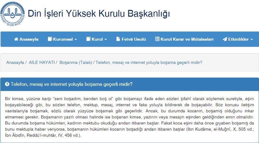 Nedir bu rezalet? Diyanetin sayfasında kocanın karısını faksla boşayabileceği var.Utanmıyor musunuz orada kadınların da vergileriyle oturan memurlar.Sizin dinle imanla ilginiz yok.İşiniz gücünüz kadını nasıl ikinci sınıf yaparız!Kafanızı güzel ahlaka, gerçek imana çalıştırsanıza!