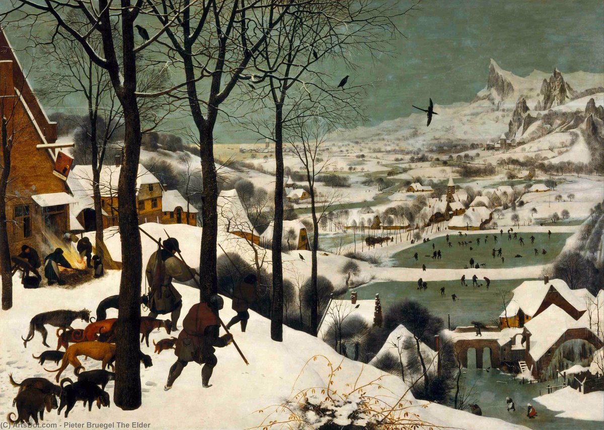 Pieter Brueghel el Vieyu (1525-1569). Los cazadores na ñeve, 1565, nel Kunsthistorisches Museum, Viena, ye una de les seis obres dedicaes a los meses del añu que pintó l'artista. Nesti casu vemos representaos los meses d'avientu y xineru.