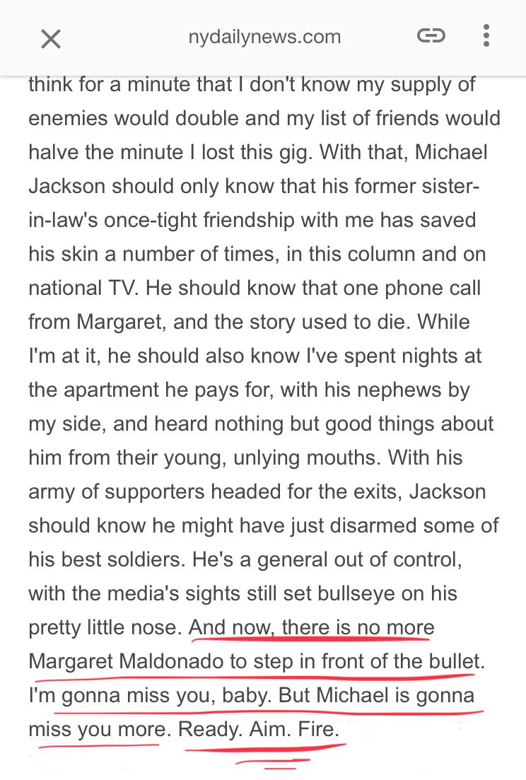 Benza wrote that Margret would often intervene to keep derogatory stories about MJ from being aired/printed, but now since Margret has cut ties w/ him, Benza ends the article with a threat to MJ. “I’m gonna miss you, baby. But Michael is gonna miss you more. Ready. Aim. Fire.”