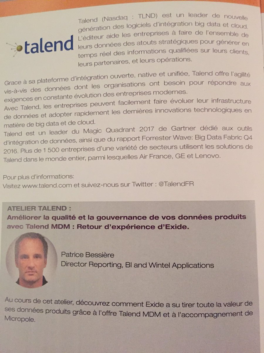 groupemicropole's tweet photo. #DataForum2017 #ComingSoon : atelier @TalendFR proposant le retour d’expérience de #Exide autour de l’amélioration de la qualité et de la #gouvernance des données produits avec #Talend #MDM #datagovernance https://t.co/4vYvmXD86v