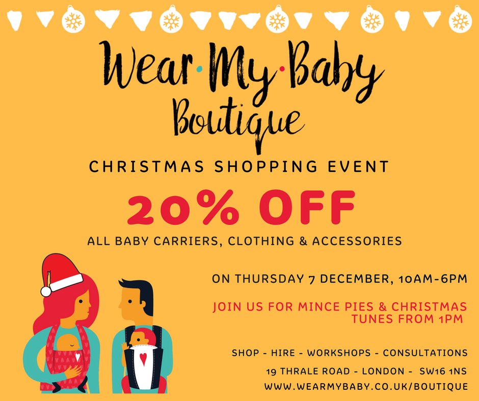 One day only Christmas shopping extravaganza at our Tooting Boutique. Come down for mince pies, Christmas tunes and...oh yes 20% off everything in store. Visit us at 19 Thrale Road, London Sw16.

#christmas #London #Tooting #babywearing  #discount #sale #baby #toddlers
