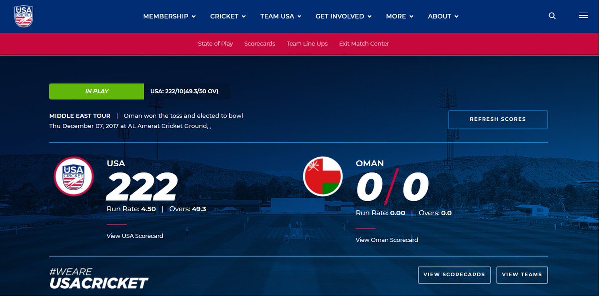 usacricket's tweet image. It's the highest score of the tour for #TeamUSA🇺🇸 who are all out in the final over for 222🏏
Can we win the final match of the #USAvOMA series? Or will hosts Oman🇴🇲chase the total down??

Full Scorecard🔗: usacricket.org/match-center/ 

#WeAreUSACricket