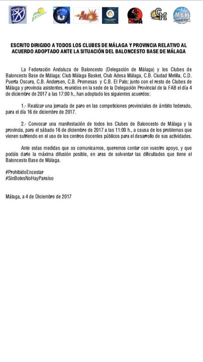 Desde el CB El Palo, solicitamos a todas las Administraciones una rápida solución a la “crisis del ruido”. Apoyamos, como siempre hemos hecho, a nuestros clubes compañeros afectados, así como la decisión tomada junto a <a href="/FAB_Malaga/">FAB Málaga</a> de suspender la competición #sinbotesnohayparaiso