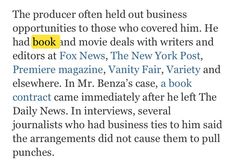 Going back to the NY Times article about Weinstein, it’s reported that Weinstein would grant business perks to those who covered for him; Benza got a book deal. Guess whose name is mentioned right out of the gate in the book’s description on Amazon.