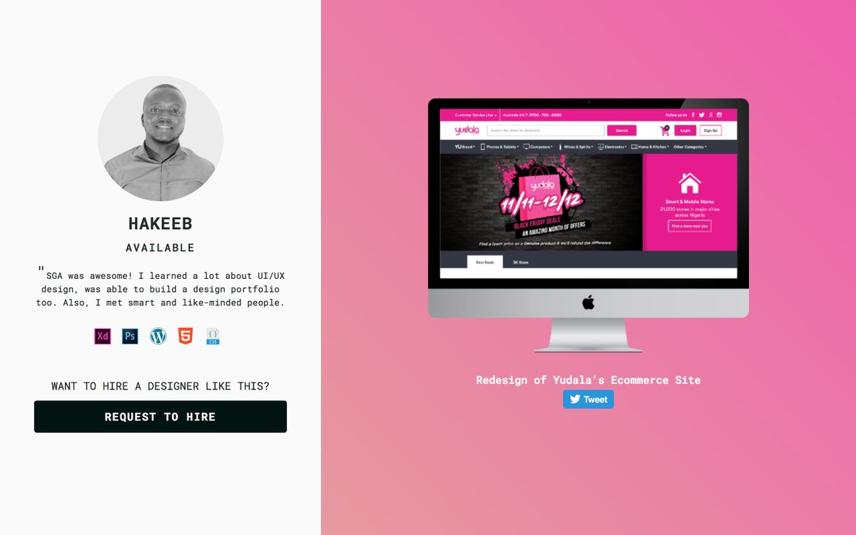 stutern's tweet photo. @MissSeamy @icparklins @earlyattoh @BudgITng @Shuttlersng Hakeeb is great at Adobe XD, Adobe Photoshop, Wordpress, HTML and CSS. He recently worked on the design of an E-commerce website for Yudala. He is available in Lagos #StuternGA https://t.co/E7URucC9Bv