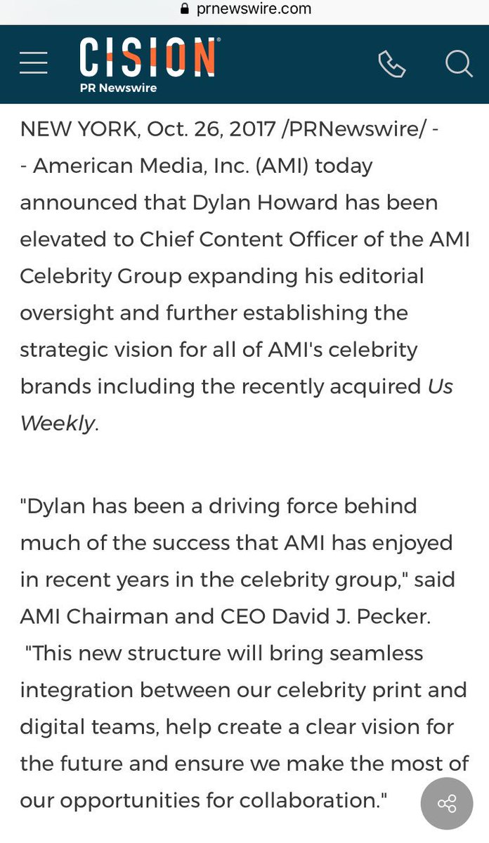 Also going back to the American Media, Dylan Howard and Weinstein connection, Weinstein reportedly had strong ties to AMI CEO, David Pecker.Pecker described Howard as a “driving force” of AMI’s success on celeb stories in recent years. Howard has also been recently promoted.