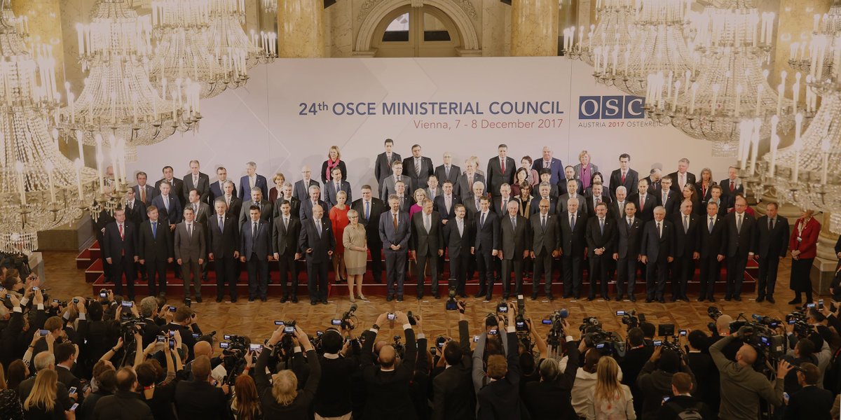 OSCE's tweet photo. Foreign ministers and senior diplomats from the #OSCE's 57 participating States and 11 Partners for Co-operation have arrived for the 24th OSCE Ministerial Council in Vienna. #familyphoto #OSCEMC17 @sebastiankurz @gremingerosce @AUT_OSCE https://t.co/zZENYd3asa