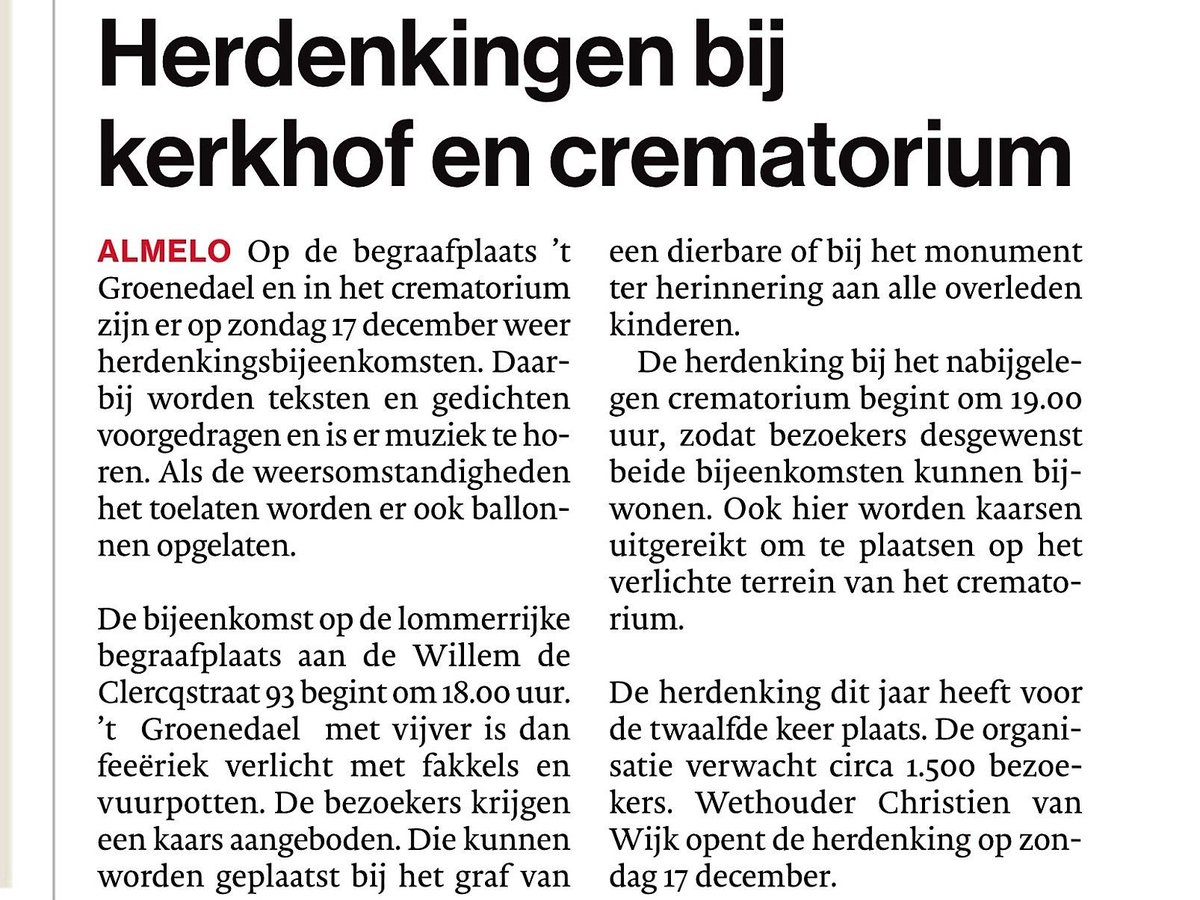Troostrijk samenzijn op begraafplaats 't Groenedael en crematorium Almelo, 17 december vanaf 18.00 uur. Ben je er bij? #Almelo #herdenken