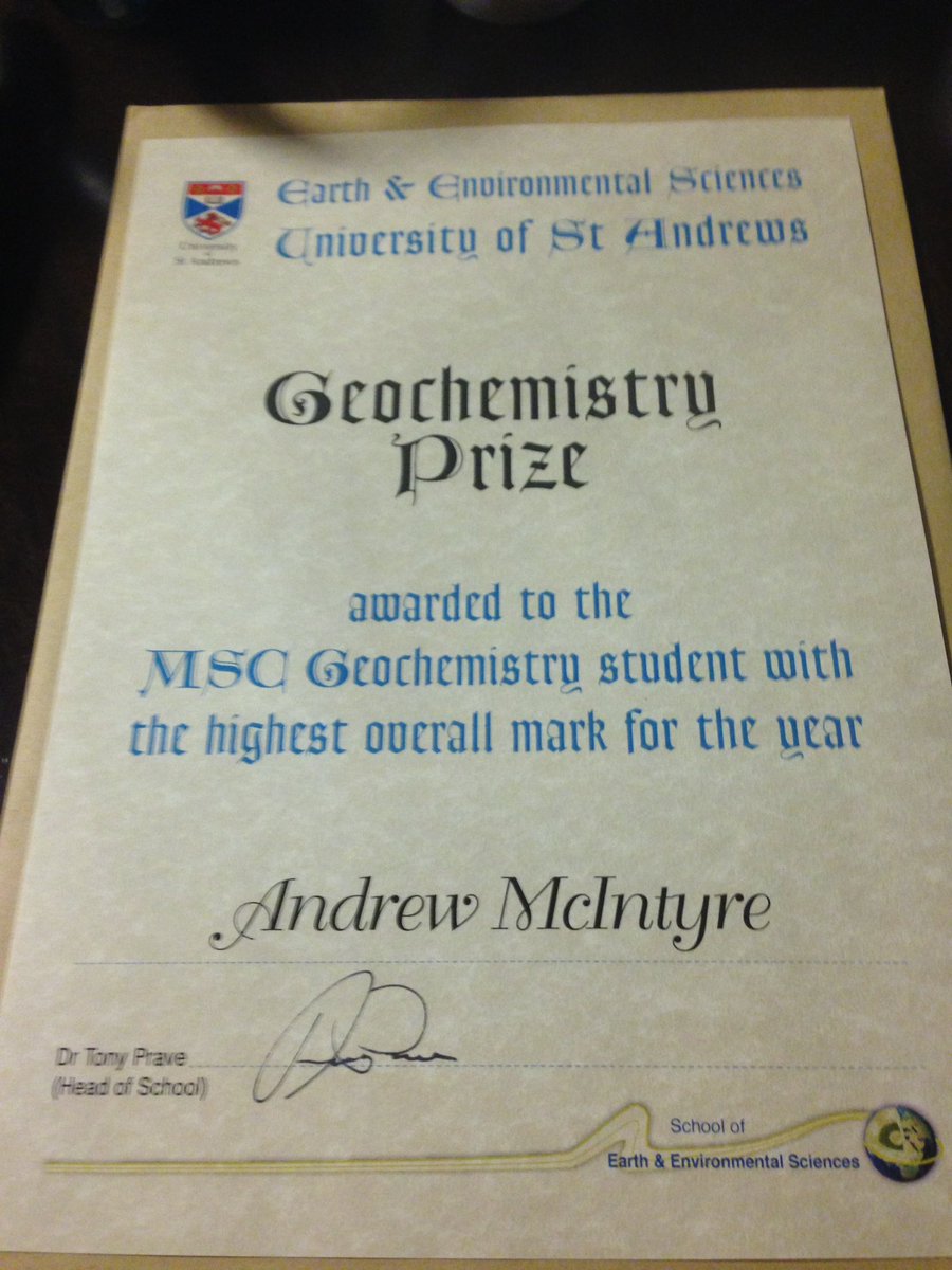 What a nice surprise and great honour to be the first person to obtain the St Andrews Geochemistry Prize! #Graduation #StAndrews #Geochemistry #whatayear #MScGraduate #wortheverysecond