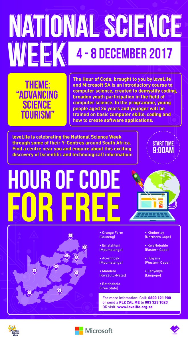 loveLifeNGO's tweet image. Have you always wanted to be part of the Computer Science sector? The Hour Of Code programme, brought to you by loveLife and Microsoft SA, offers you coding skills. For FREE!
Head out to the Y-Centres mentioned and code your future!
#HourOfCode #Minecraft #MyFirstCode