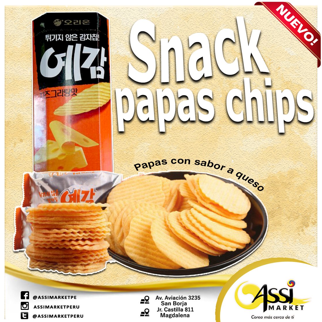 ASSIMARKETPERU's tweet photo. 🎉【 SNACK #PAPASCHIPS】 🇰🇷
Date un gustito de media tarde con estas riquisimas papitas chips con sabor a queso.🍟🧀😋 https://t.co/6DDWvEE81X