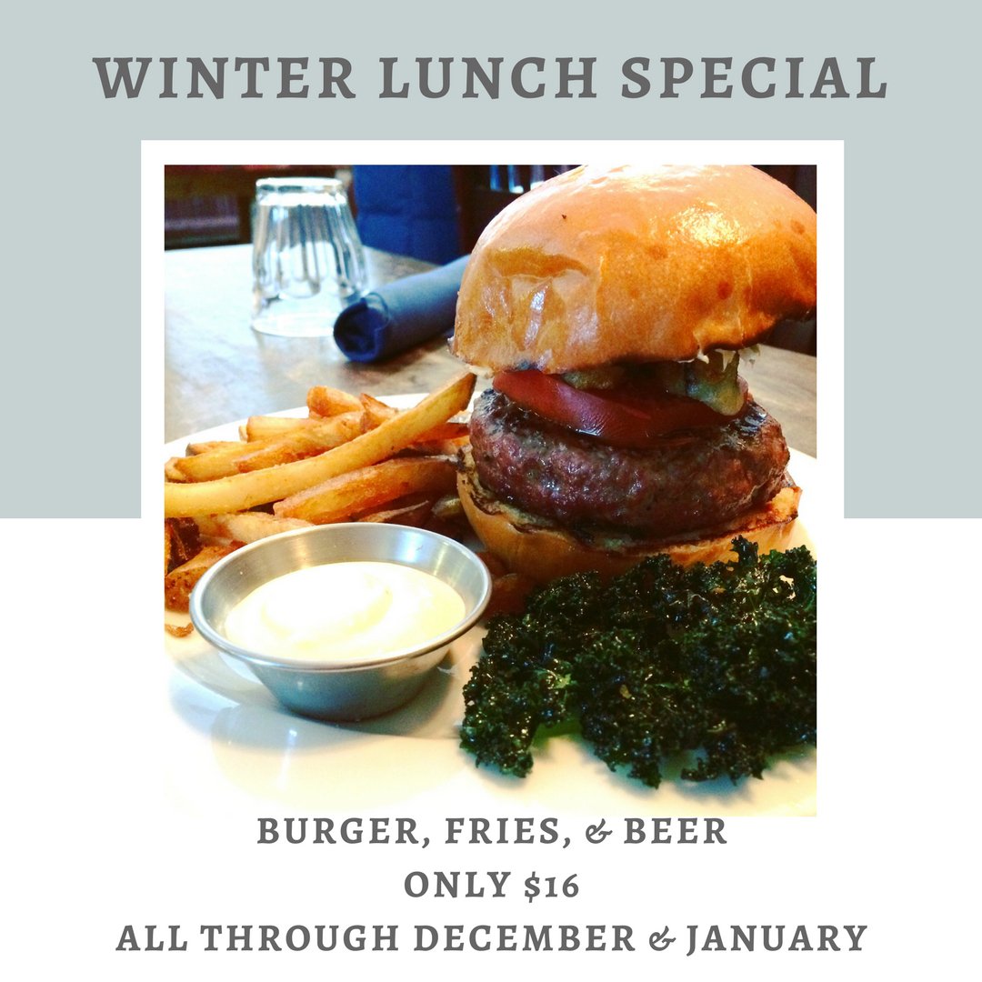 Lunch special happening at the restaurant! Burger, fries, &amp; beer for $16 all December and January.