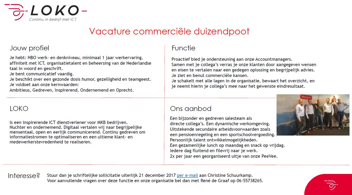 Wij zoeken een (sales) collega! Werken bij een ambitieus bedrijf dat 'Continu in bedrijf met ICT' is? - LOKO loko.nl/home/bedrijf/v…