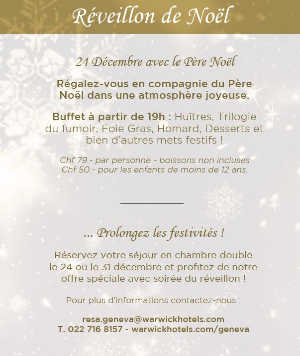 Au Warwick Geneva c'est tous les jours la fête mais encore plus le 24 décembre ! Homard, Foie Gras, Saumon, Huîtres et bien plus encore. Nous vous réservons des mets festifs et délicieux à déguster en famille ou entre amis ! Pour réserver : 022 716 8650