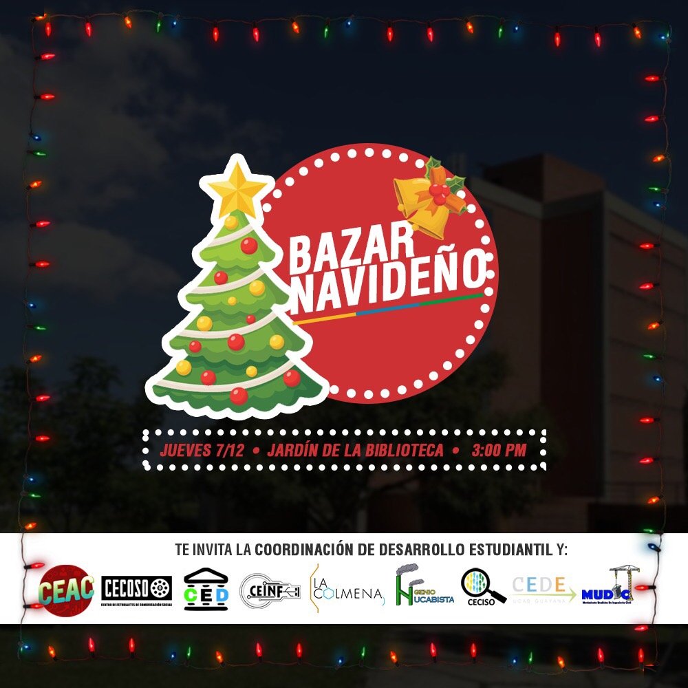 identidad_ucab's tweet photo. Recuerda HOY 3:00 pm #BazarUcab2017 en los jardines detrás de la Biblioteca, con música en vivo...
@ucabguayana invita!!! https://t.co/8cbfLUyOsA