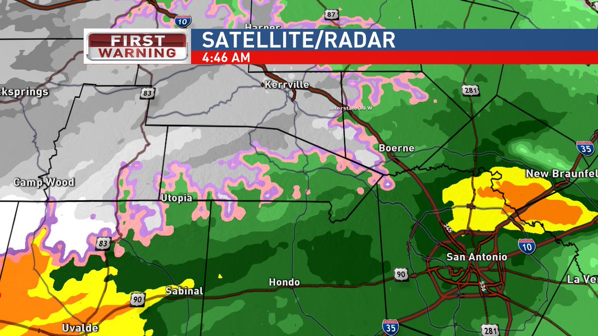 wxstevens's tweet photo. We have the rain/snow mix in the Hill Country this morning. A little bit of it is showing up on the radar in far NW Bexar County. No snow or ice is expected on the roads! @KABBFOX29 https://t.co/LCvFl5aoTi