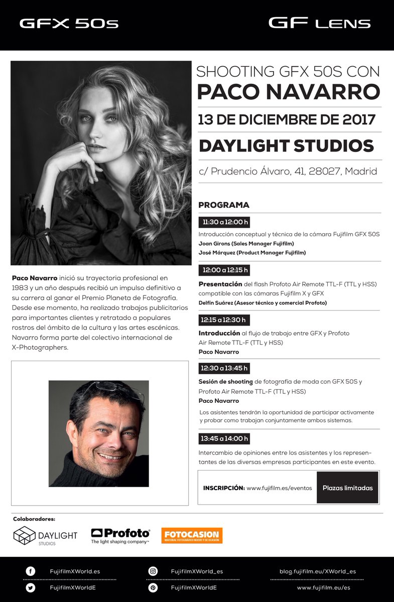 Taller #Fujifilm #GFX50S del #XPhotographer Paco Navarro en <a href="/DaylightStudio1/">Daylight Studios</a> el 13 de diciembre. Colaboran: <a href="/Innovafoto/">Innovafoto</a> <a href="/Fotocasion/">FOTOCASION.ES</a>. Inscripción: fujifilm.es/eventos #esFujifilmGFX