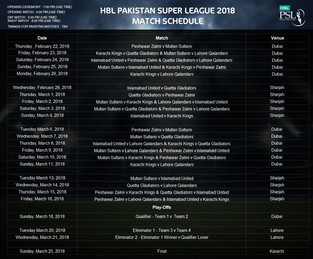 PakistanSuperLeague on Twitter: "Mark the time, day and date, #HBLPSL 2018 schedule is out get ready to see cricketing https://t.co/rU6iYBCrDv" / Twitter