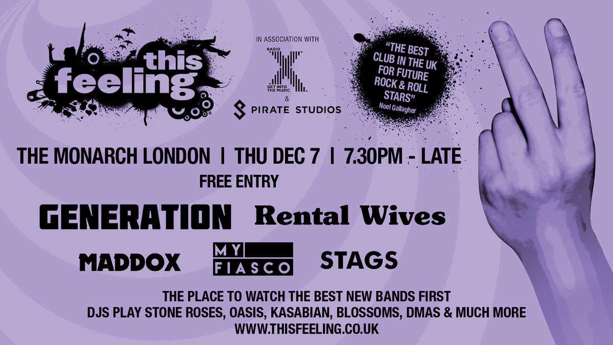 This_Feeling's tweet photo. Times for tonight @camdenmonarch:
@myfiasco 10.25pm
@wholovesthisgen 9.45pm
@MaddoxOfficial 9.05pm
@RentalWivesBand 8.25pm
Abs! 7.45pm

Free entry

Abs! replaces @stagsofficial who are unable to play due to unforeseen circumstances. https://t.co/LAXddgjz4v