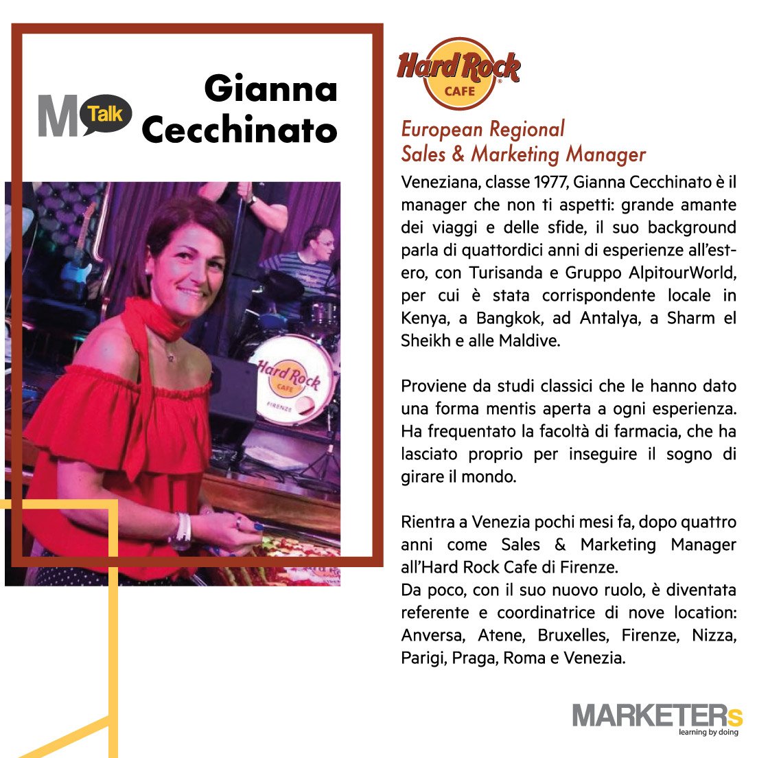 Ormai sapete quasi tutto ma c’è ancora una sorpresa per voi! Gianna Cecchinato sarà la relatrice del primo MTalk: siete curiosi di sentire la sua esperienza? Allora il 15 dicembre è vietato mancare 🍔🎸🚀