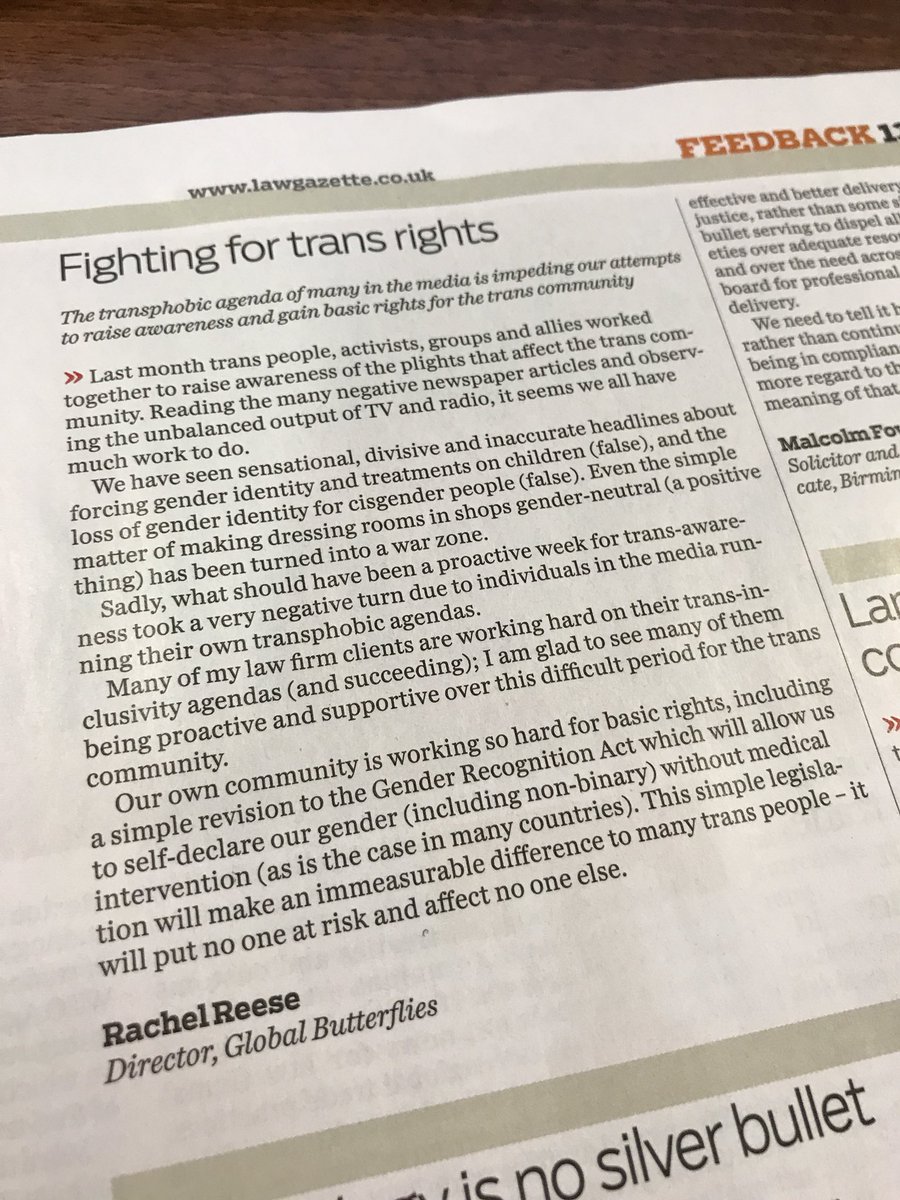 Strong letter from @Glo_Butterflies in the Law Gazette. There is very much left to do to assist the trans community and I see improving transinclusivity and awareness as one of the most important challenges to employers going forward.