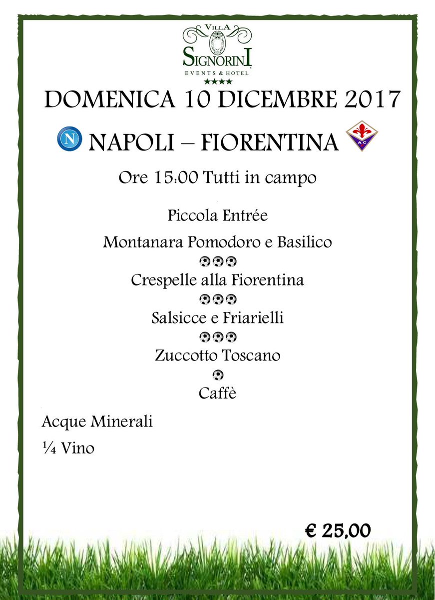 SignoriniEvents's tweet photo. Ecco il Nostro Menù Speciale per la Sfida di Domenica 10 Dicembre 2017 fra gli Azzurri e la Viola ⚽🥙✨🇮🇹️

https://t.co/kW8y48q2mf

https://t.co/zCUPZwlf2G

#villasignorini #ristorantelenuvole https://t.co/YVTzZr3ZmQ