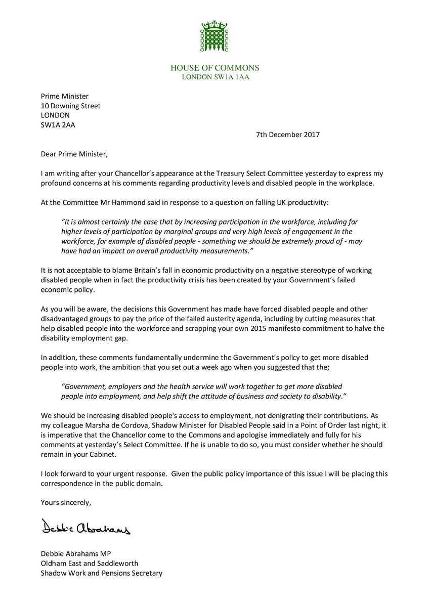 Debbie_abrahams's tweet photo. I have written to the PM after the Chancellor's appalling comments yesterday, blaming the decline in productivity levels on disabled people in the workplace. Chancellor must come to the Commons &amp; apologise immediately &amp; fully or be removed from his role. https://t.co/BfA1xpo5W4