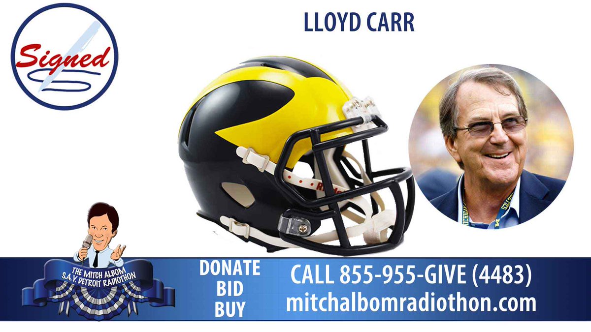 MitchAlbom's tweet photo. If you want one of these autographed #LLoydCarr mini helmets, check out https://t.co/FdG9GYx1lW or give us a call at 855-955-GIVE #SAYDetroit #radiothon https://t.co/xAL87rrtDf