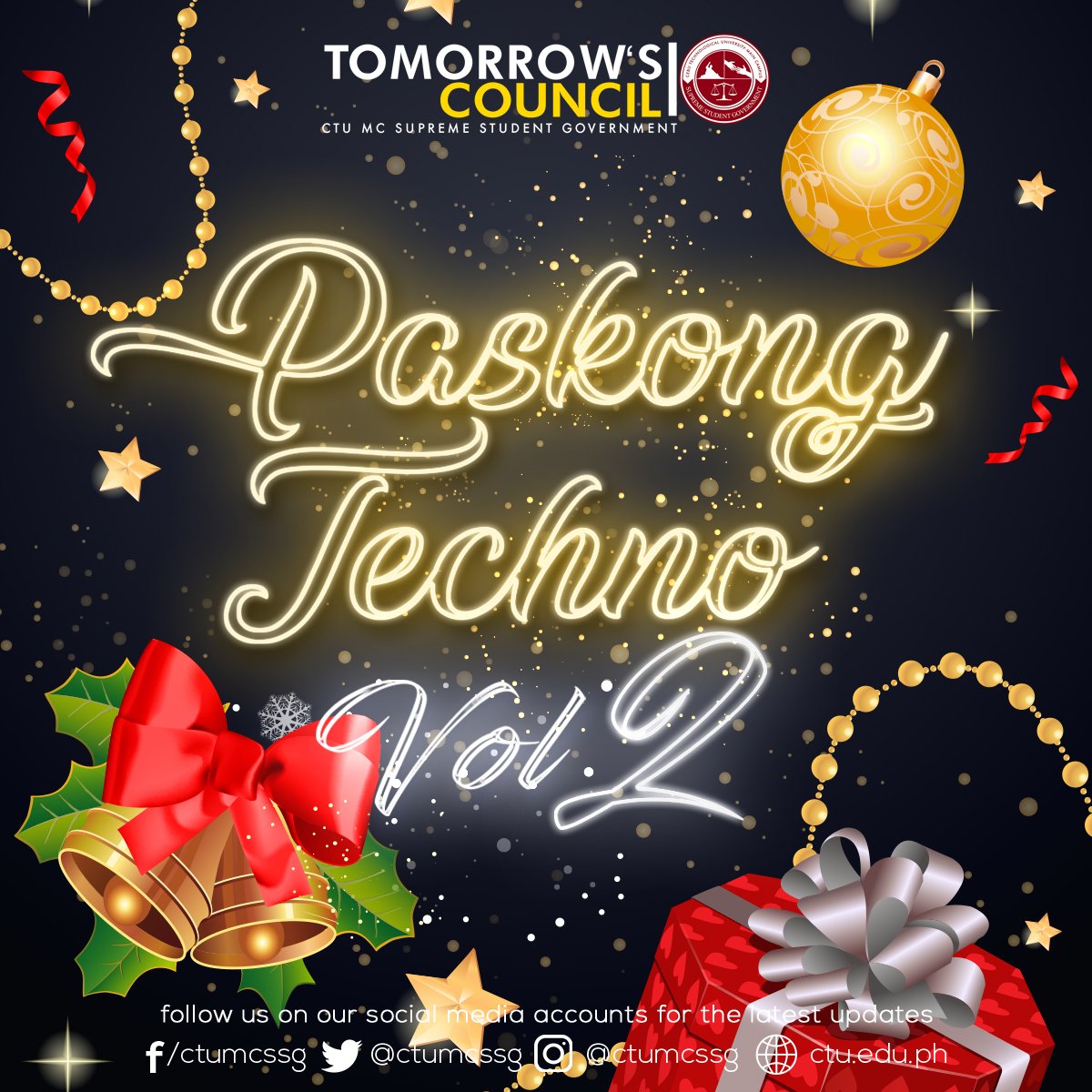 ctumcssg's tweet photo. Good Day, mga ka-Techno!
Presenting to you, the PASKONG TECHNO VOLUME 2 with the theme "Pasko sa CTU: Pagpakig-ambit Sa Gugma Karung Pasko".
Please click the link below for more information:
https://t.co/NnHUMfmxGS
#PaskongTechnoV2
#TomorrowsCouncil
#CTUMCSSG https://t.co/VpFeuZhIl6