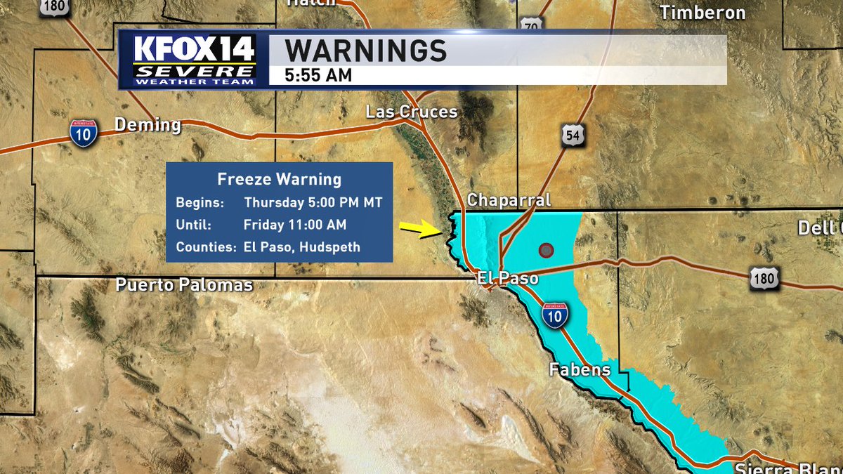 Brad: Freeze Warning In Effect From 5 Pm This Evening To 11Am Friday. El Paso will see temperatures fall below freezing for the first time this season tonight/tomorrow morning. This signals the end of the growing season.

Remember protect people, pets, plants and pipes.