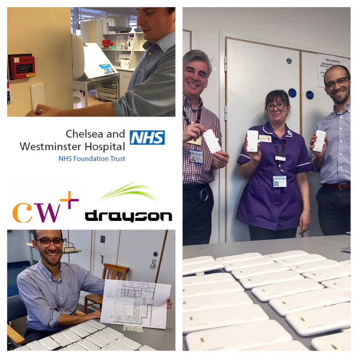 Delighted see @DraysonTech #wireless #environment #sensors reaching @ChelwestFT  #ICU today. Thanks to @chelwestICU Dom Conlin Jane Marie Hamill @elainemox @ManuelPinuela @cwpluscharity