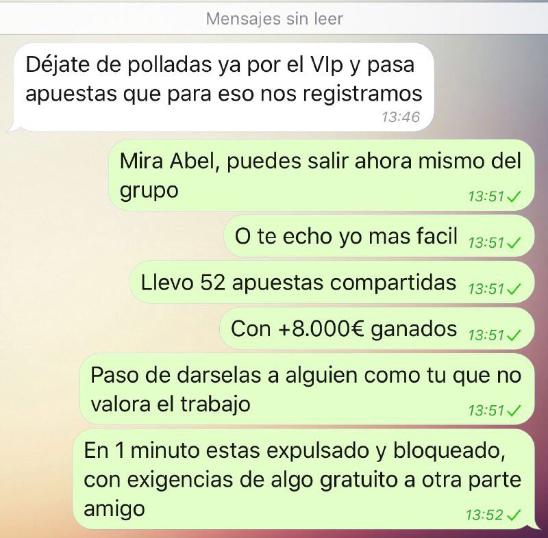 carry4rose's tweet photo. Os preguntáis por qué la gente no critica a torete @tipsterapuesta pues aquí tenéis un ejemplo, amenazados...
El 90% de sus clientes son captados por telegram y no tienen twitter, los tima, los echa y a tomar por culo

Si encontráis alguien decidle que se haga twitter y ayude 🔴 https://t.co/pwdXrJQ6Zg