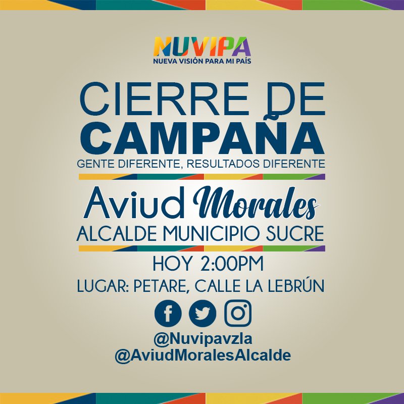 AviudAlcalde's tweet photo. Te invitamos HOY #7Dic 2:00pm a que asistas al #CierredeCampaña #GenteDiferente #ResultadosDiferente con @Aviudmoralesalcalde @nuvipa candidato y proximo alcalde del municpio sucre del estado miranda. #Venezuela #Salud #Educación #Seguridad #Vialidad #Producción https://t.co/LzgoH8X9iV
