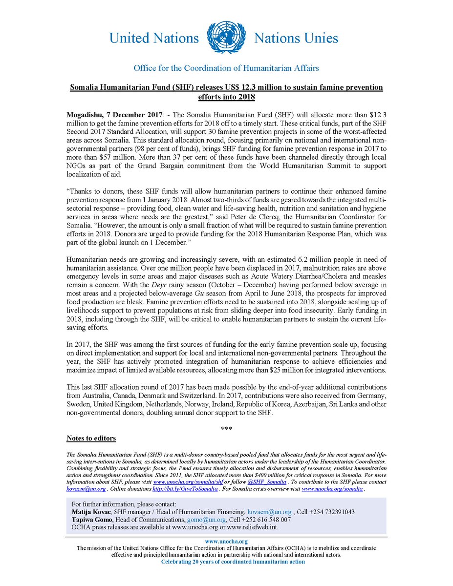 OCHASom's tweet photo. Somalia Humanitarian Fund @shf_somalia releases US$ 12.3 million to sustain famine prevention: https://t.co/vtbB0Ybi7k. @UNdeClercq https://t.co/ONuAsHxu6B