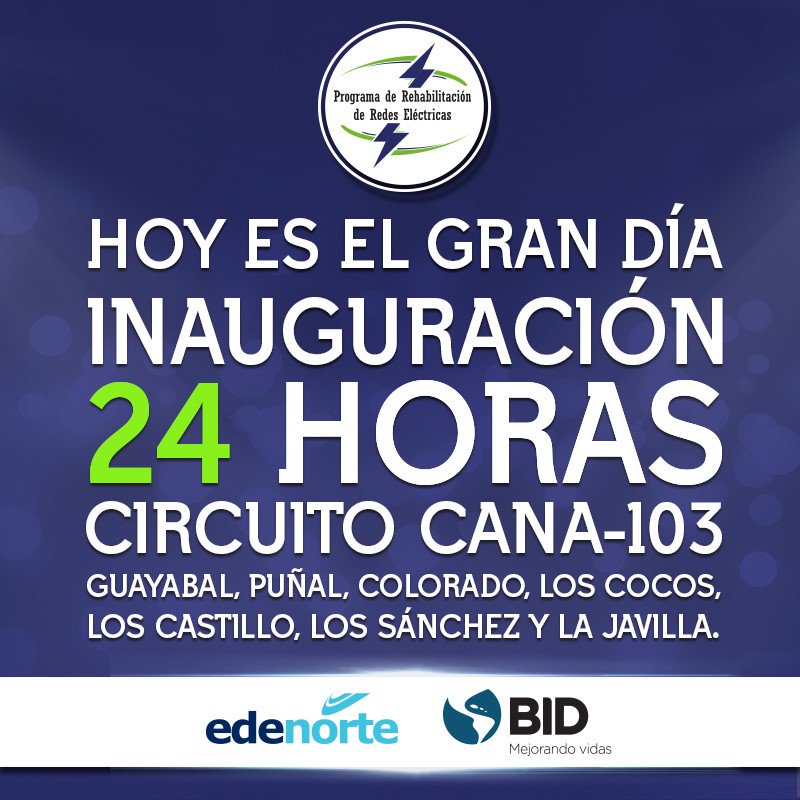 redelectricard's tweet image. Hoy es el gran día en Puñal, Santiago. @EdenorteRD celebrará junto a las comunidades del circuito CANA-103 el acto de cierre formal de los trabajos de #RedesEléctricasRD. Este proyecto contó con el financiamiento del @el_BID.
#ProyectoDesarrollo #24HR #InauguraciónPuñal