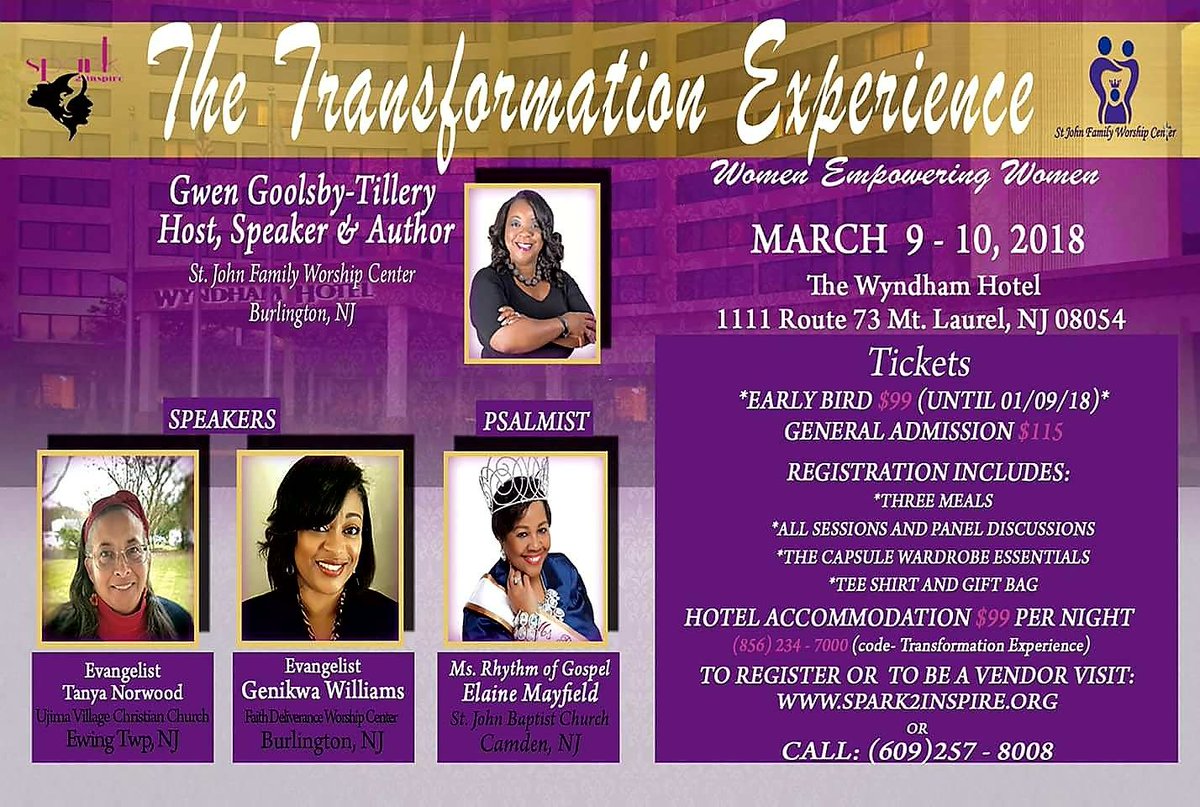 GenikwaWilliams's tweet image. Join me for the Transformation Experience 2018!!! Be empowered, inspired, and transformed. REGISTRATION: Only $99 until 1/9/18. Put down a deposit to lock in this rate. For more information, visit spark2inspire.org. #TransformationExperience #Transformation #Royalty